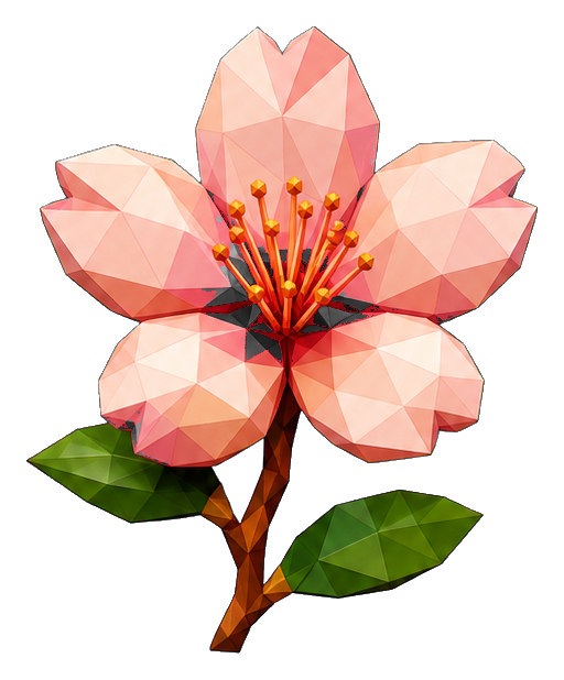 Low poly pink cherry blossom with green leaves on a dark background