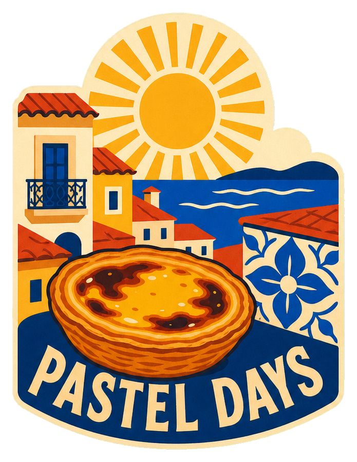 Illustrated Pastel Days sticker with sun, buildings, pastry, and blue tile pattern