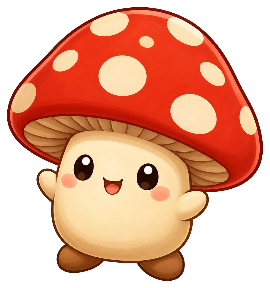 Cute mushroom character sticker with a red cap, cream body, and smiling face.