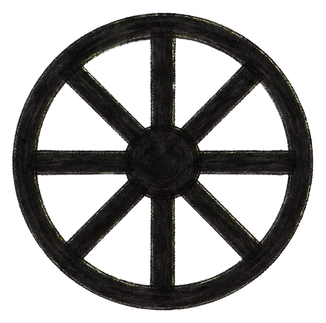 Black dry brush ink dharma wheel with eight spokes on a transparent background