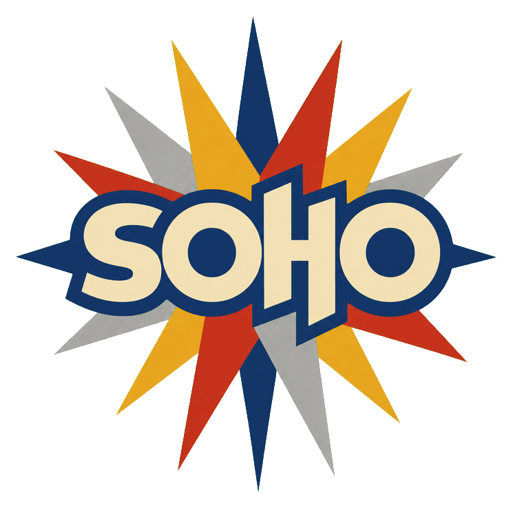 Retro starburst sticker with the word Soho in bold letters