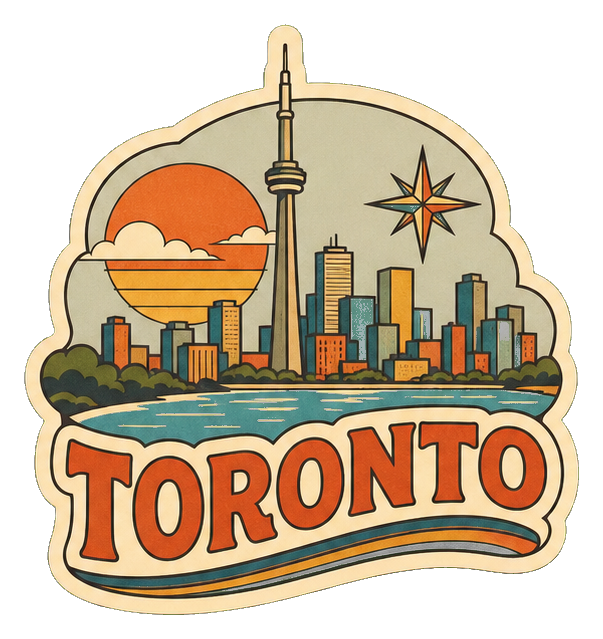 Retro Toronto sticker with skyline, sun, compass, and bold Toronto word art