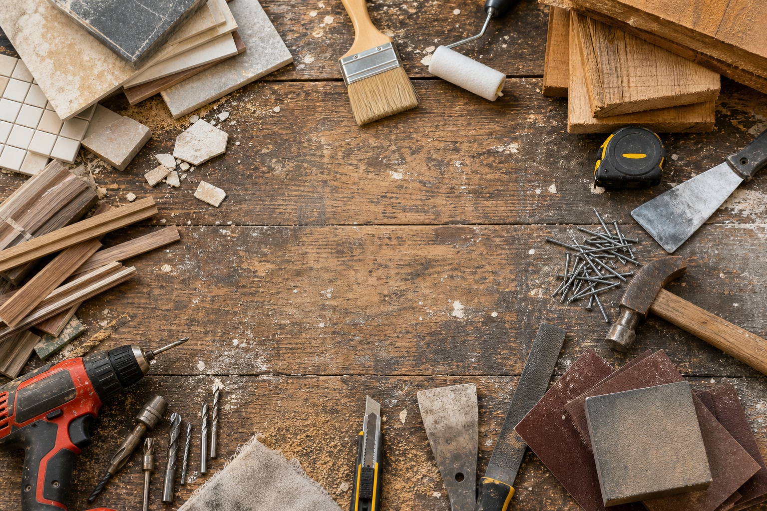 Wooden workbench surrounded by renovation tools, lumber pieces, and construction materials