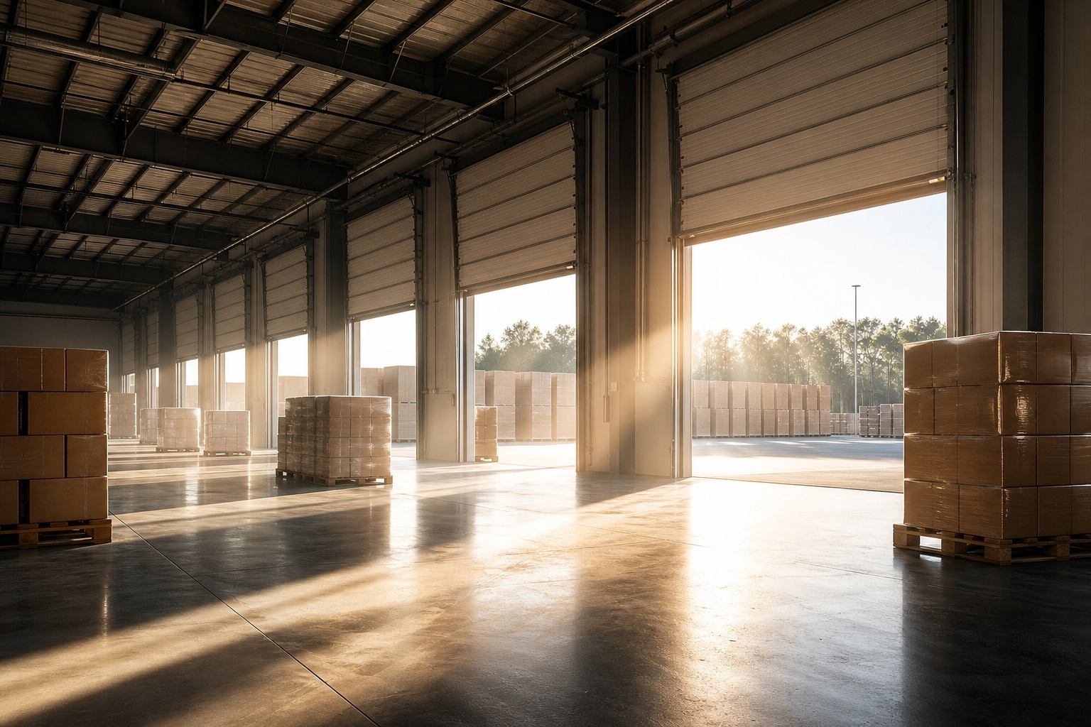 Sunlit warehouse interior with open doors, stacked boxes, and long light streaks on the floor