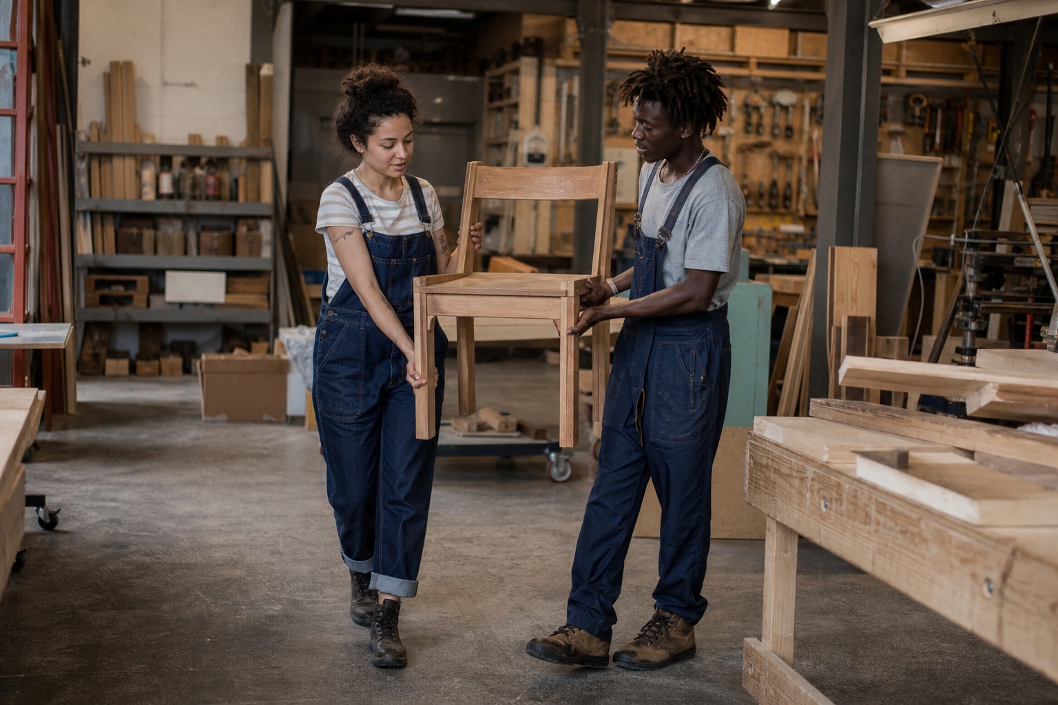 Two people standing in a woodworking workshop beside tools and unfinished furniture.