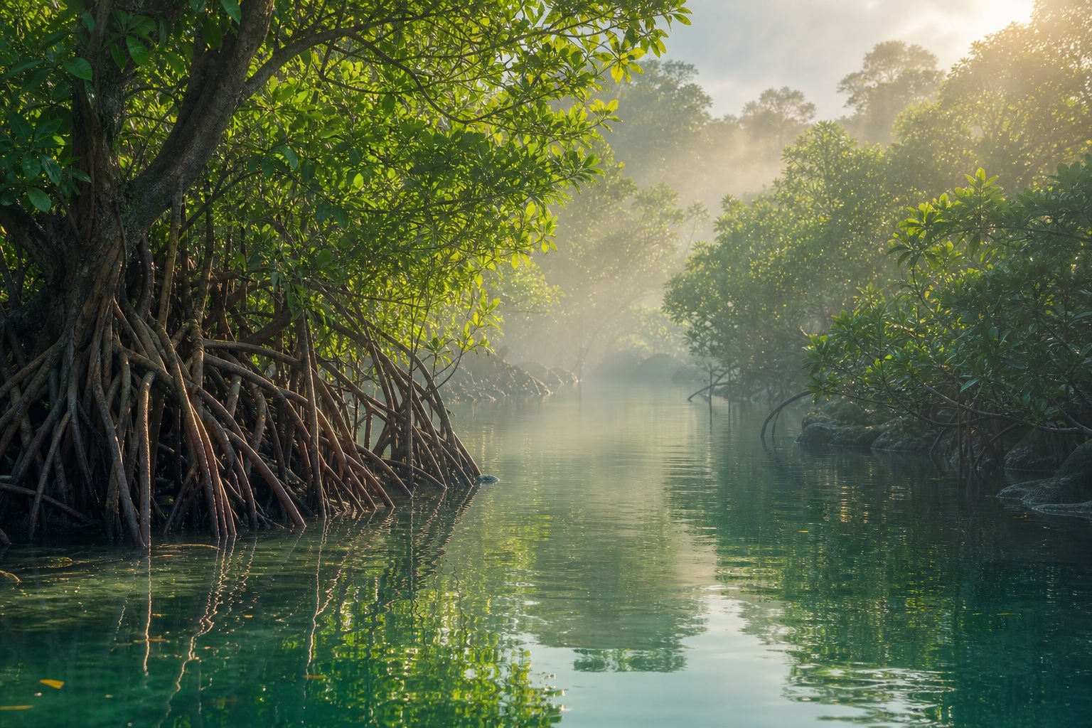 Misty mangrove wetland with calm water reflections and soft sunlight