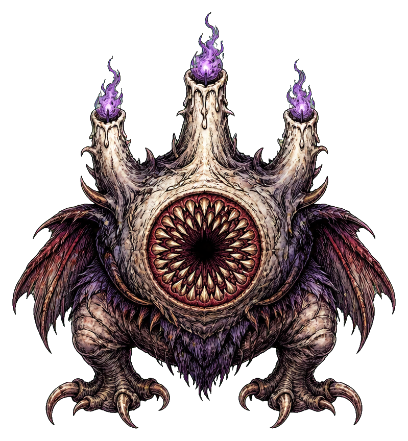 Grotesque three-eyed creature with purple flames on its head and clawed limbs