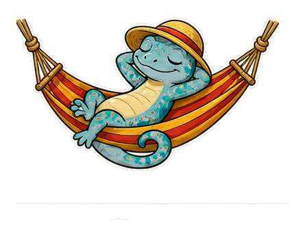 Cartoon lizard relaxing in a striped hammock with ropes on both sides.