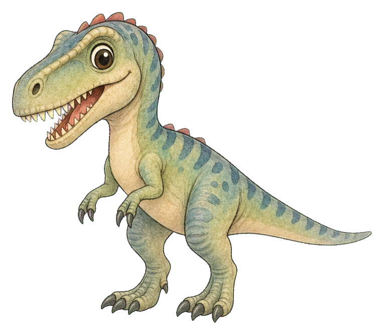 Cute cartoon allosaurus standing in profile with a smiling face and green body.