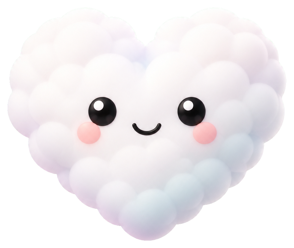 Cute white heart-shaped cloud with rosy cheeks and a smiling face