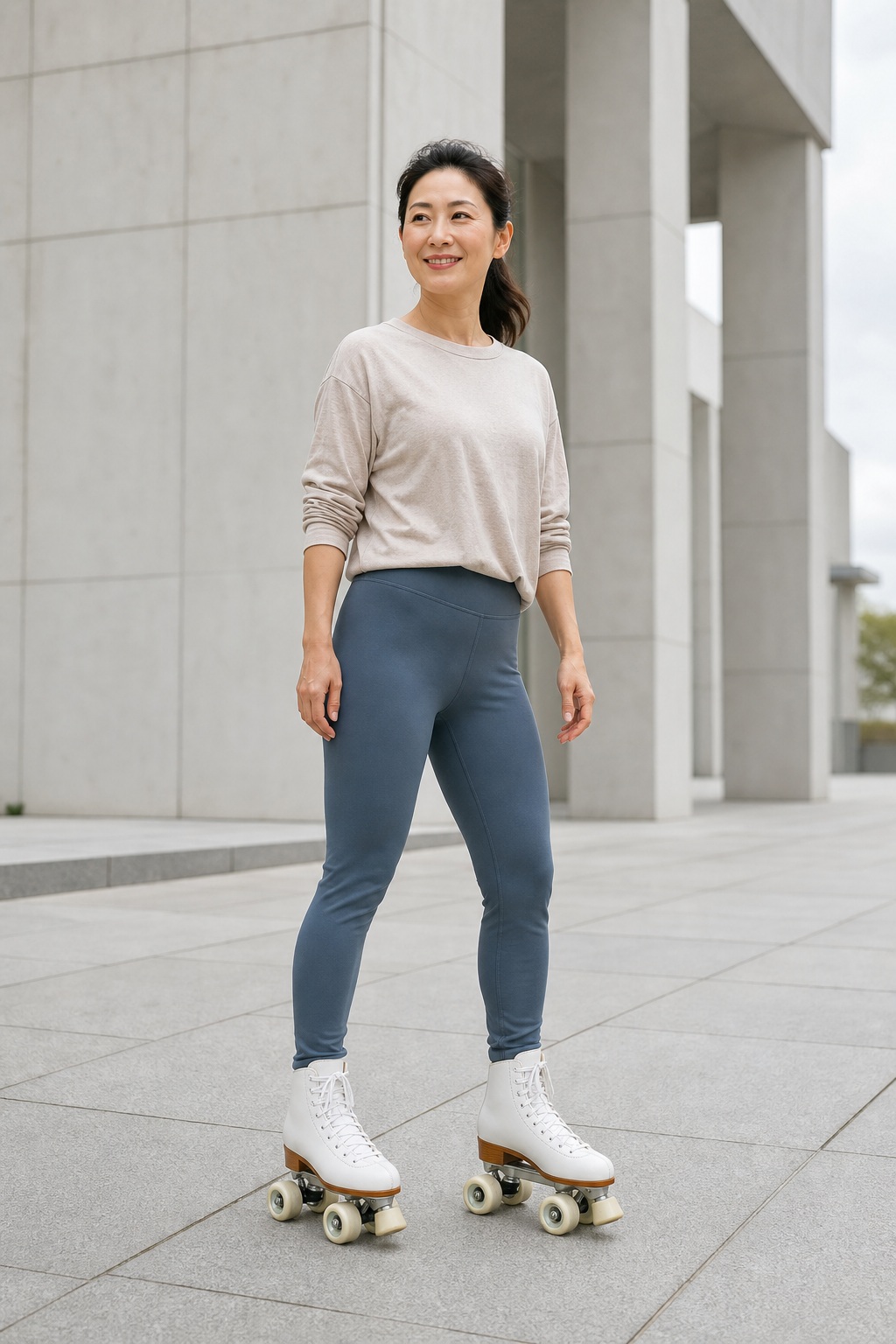 Woman standing on quad roller skates in a modern urban plaza with tall concrete columns.