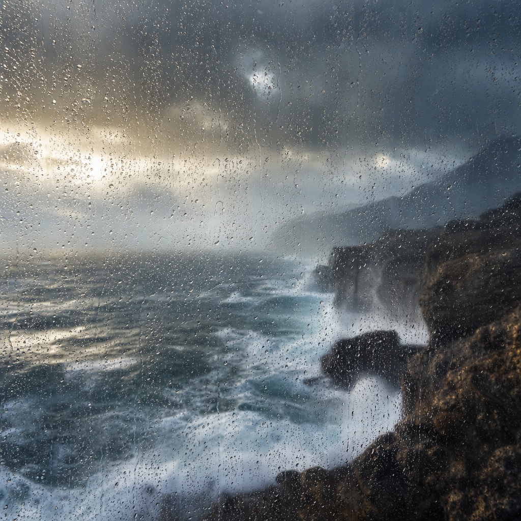 Rain falling over a misty coastal shoreline with waves crashing against dark cliffs