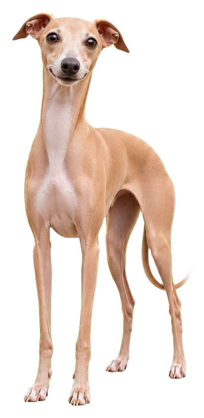 Slim Italian greyhound standing with very long legs and a curious expression