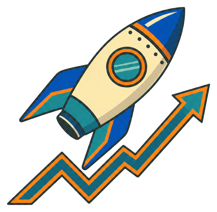 Blue and orange rocket flying upward over a rising line chart