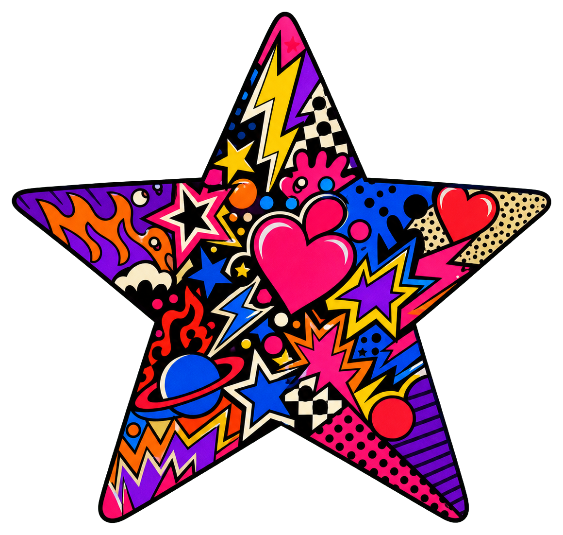 Colorful abstract star sticker with hearts, lightning bolts, and bold graphic shapes