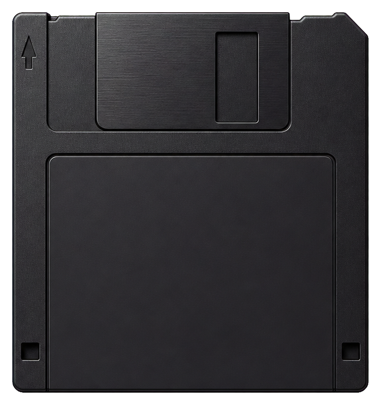 Black floppy disk graphic with a simple retro square shape and label area