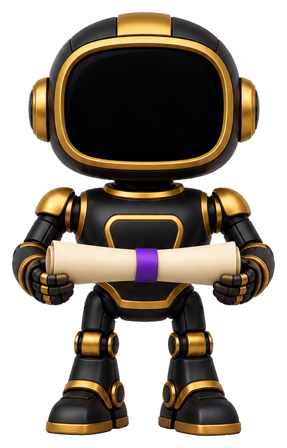 Black and gold robot holding a rolled diploma with a purple band