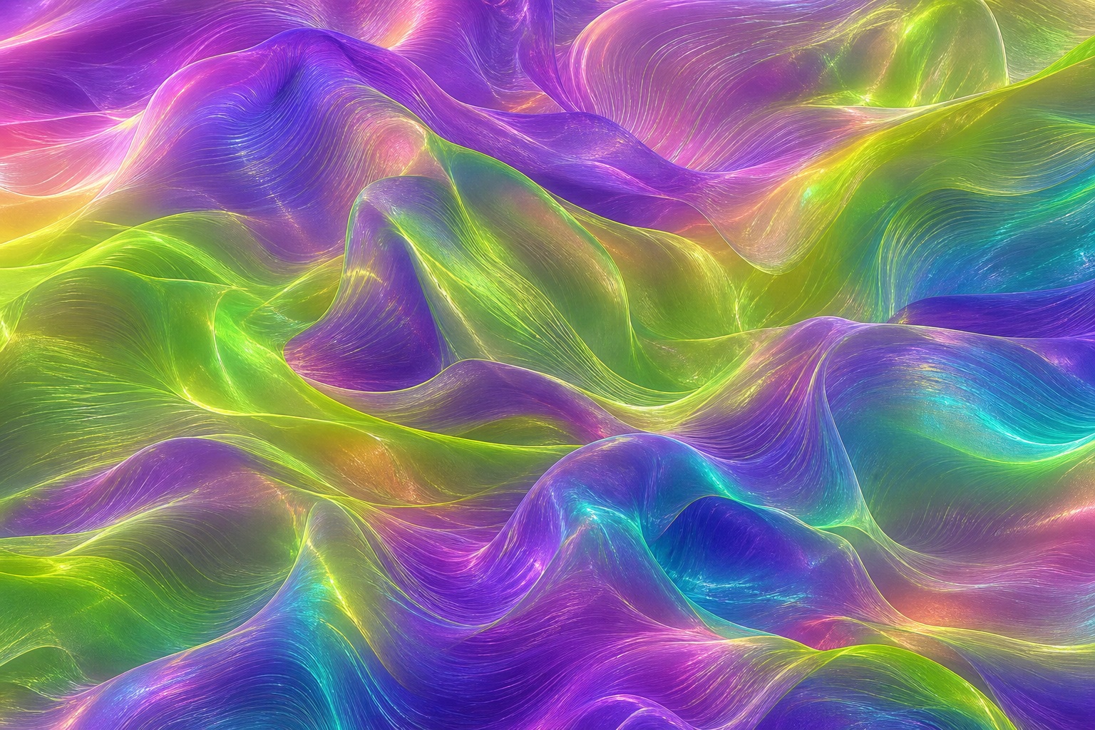 Flowing lime and purple iridescent mesh with layered waves and glowing lines