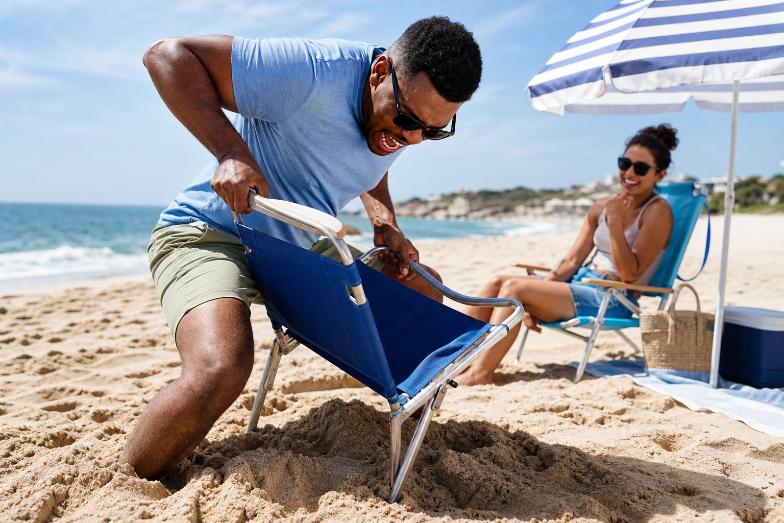 Man struggling to set up a beach chair in the sand while a woman sits nearby under an umbrella.