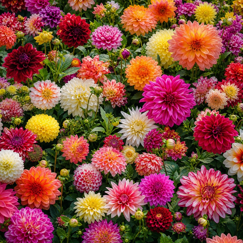 Colorful full-bloom dahlias and mixed flowers filling the frame