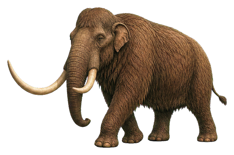 Realistic American mastodon walking with long curved tusks and shaggy brown fur