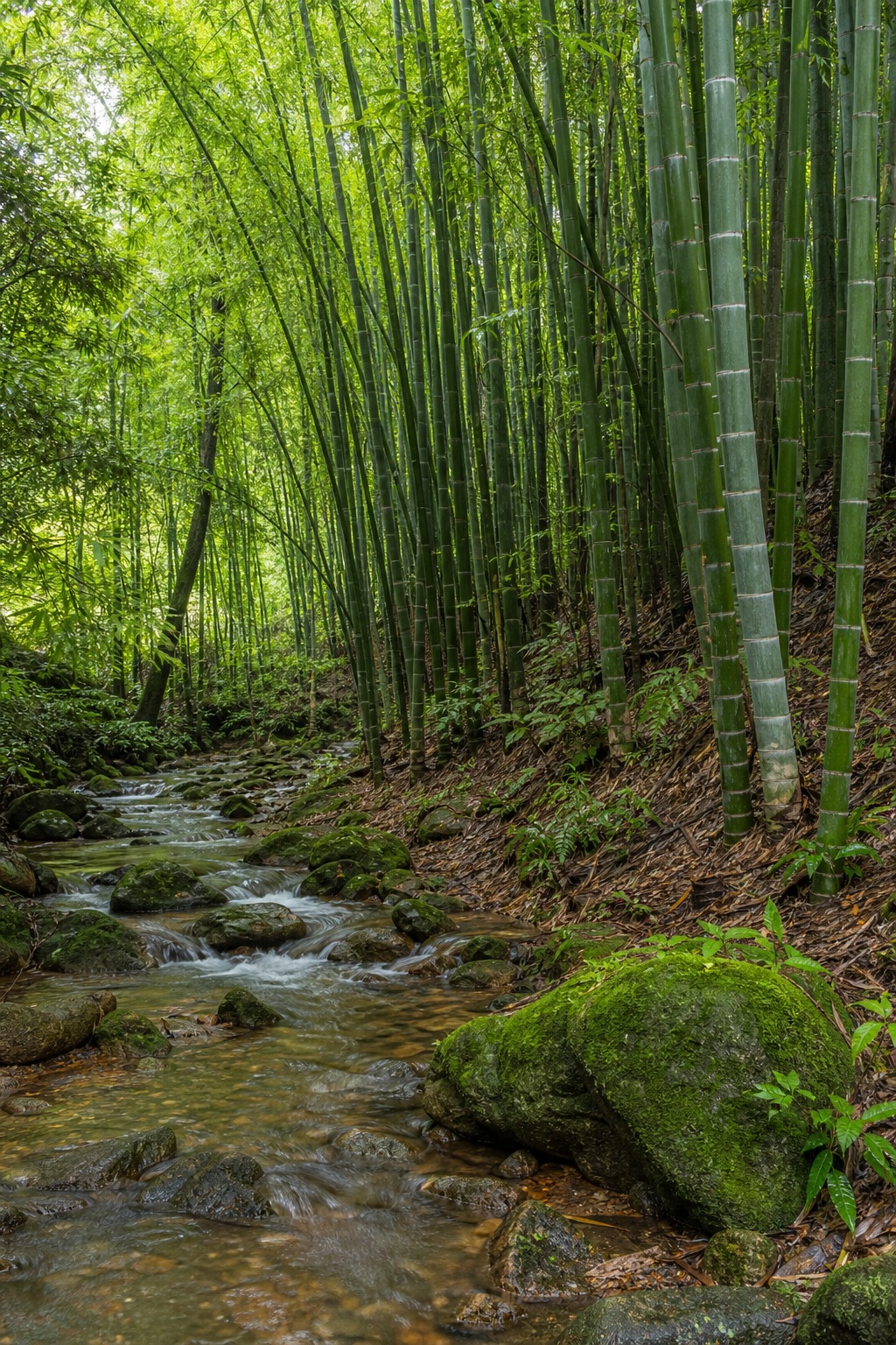 Tall bamboo grove beside a shallow stream with mossy rocks and green forest floor