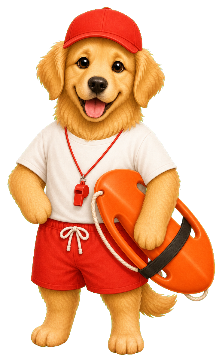 Golden retriever puppy dressed as a lifeguard with red cap and orange float.