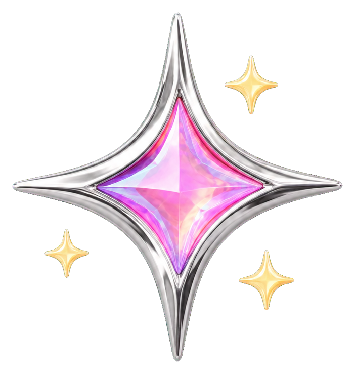 Silver starburst sticker with a pink center and small yellow sparkles