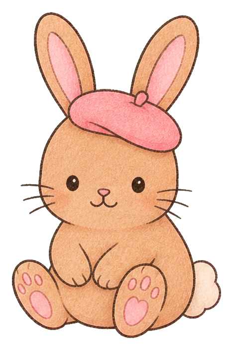 Cute rabbit sitting and wearing a pink beret with pink paw pads