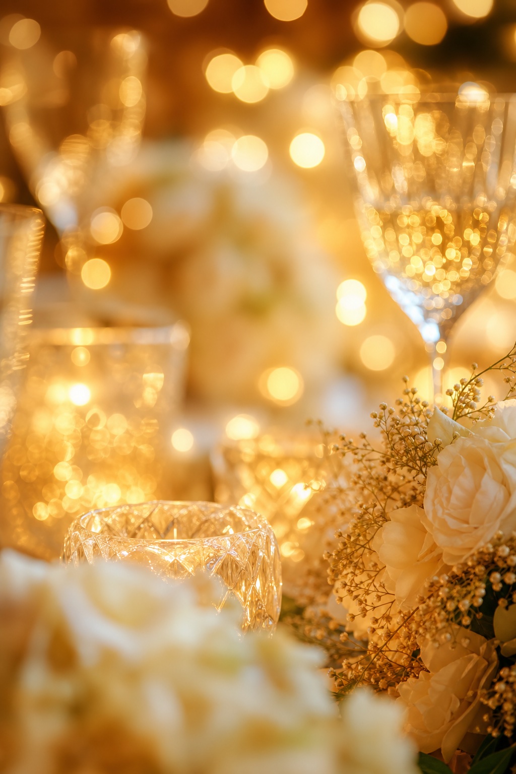 Blurred champagne glasses, white flowers, and warm golden lights at a wedding reception