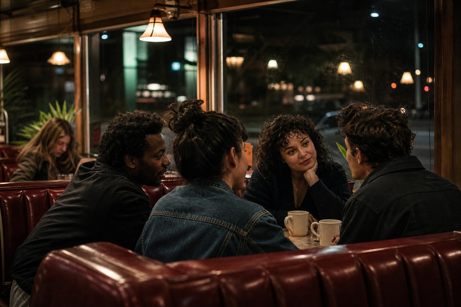 Four people talking in a diner booth at night under warm lights.