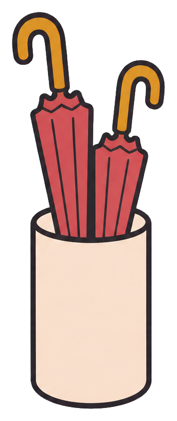 Simple drawing of two umbrellas in a cylindrical umbrella stand.