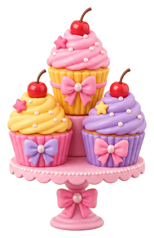 Three frosted cupcakes stacked on a pink cupcake tower stand with cherries and bows.