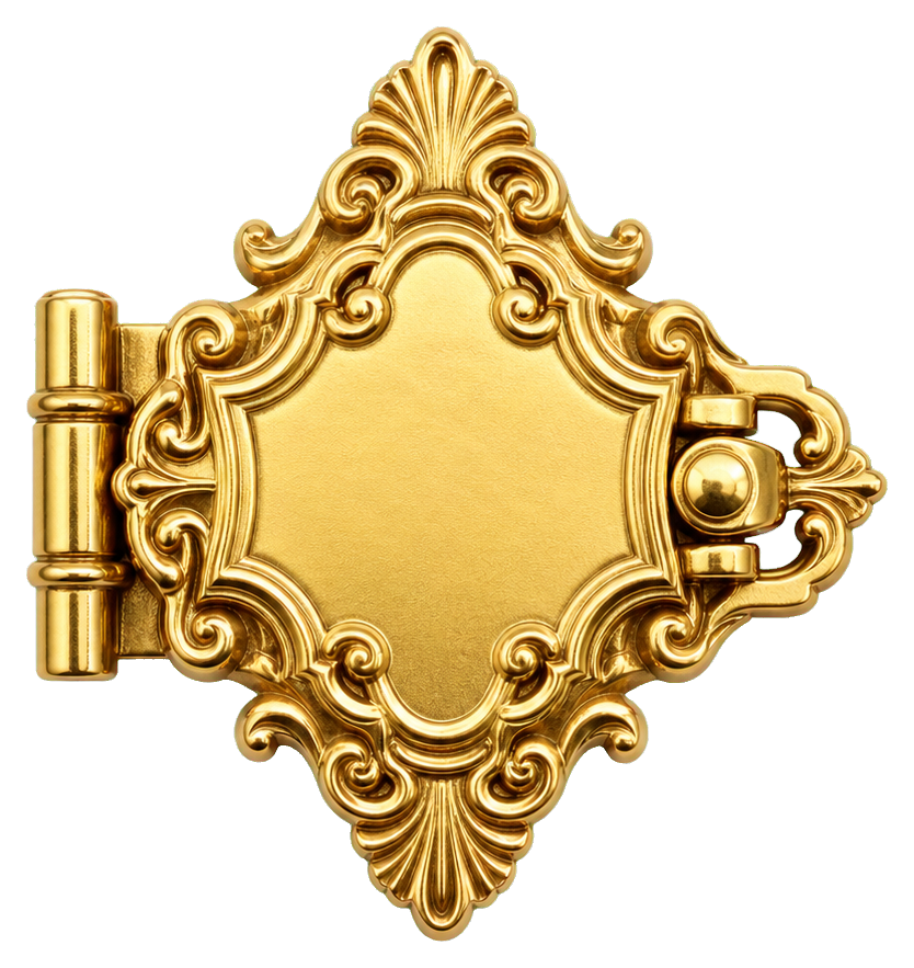 Gold ornate metal book clasp with decorative engraved details