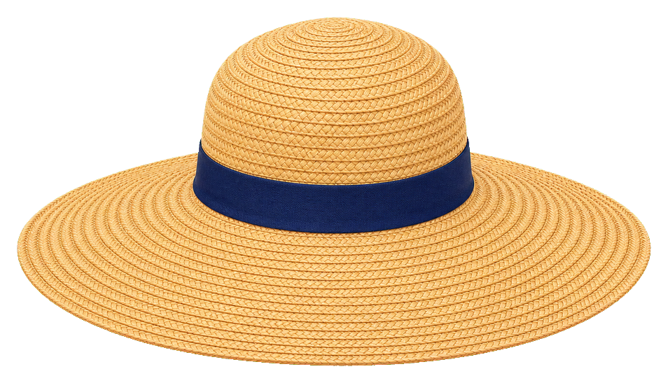 Straw beach hat with a dark blue band on a transparent background