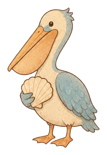 Dusty blue pelican holding a cream shell with a folk art look