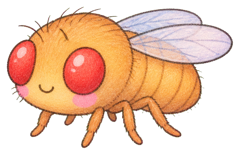 Cute orange fruit fly with big red eyes and translucent wings.