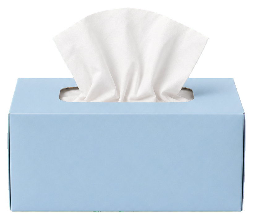 Light blue tissue box with a white tissue pulled out on a transparent background.