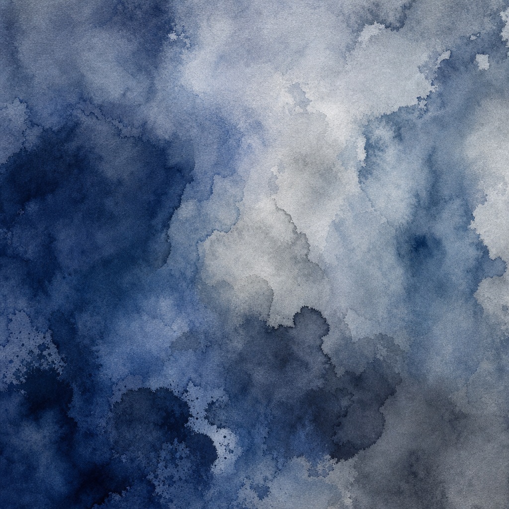 Soft blue and gray abstract wash with cloudy watercolor texture and layered pigment movement.