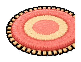 Round pink and cream tiny rug with a fringed edge