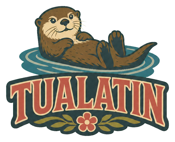 Retro Tualatin otter illustration with bold text and a decorative badge design