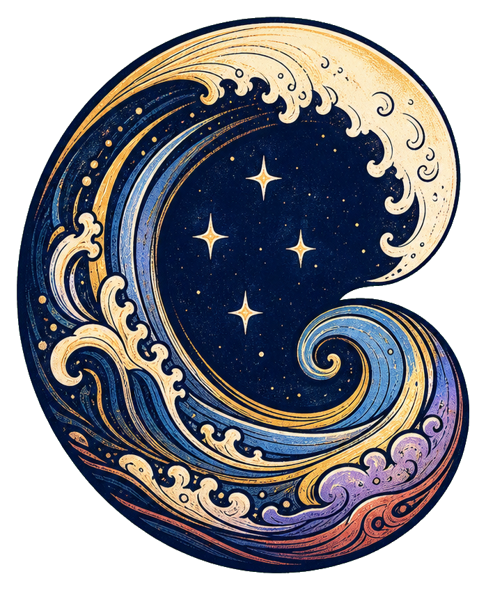 Blue and gold spiral wave with stars, crescent moons, and decorative celestial swirls