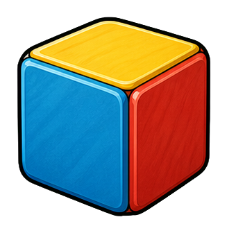 Colorful blank toy cube with blue, red, and yellow sides.