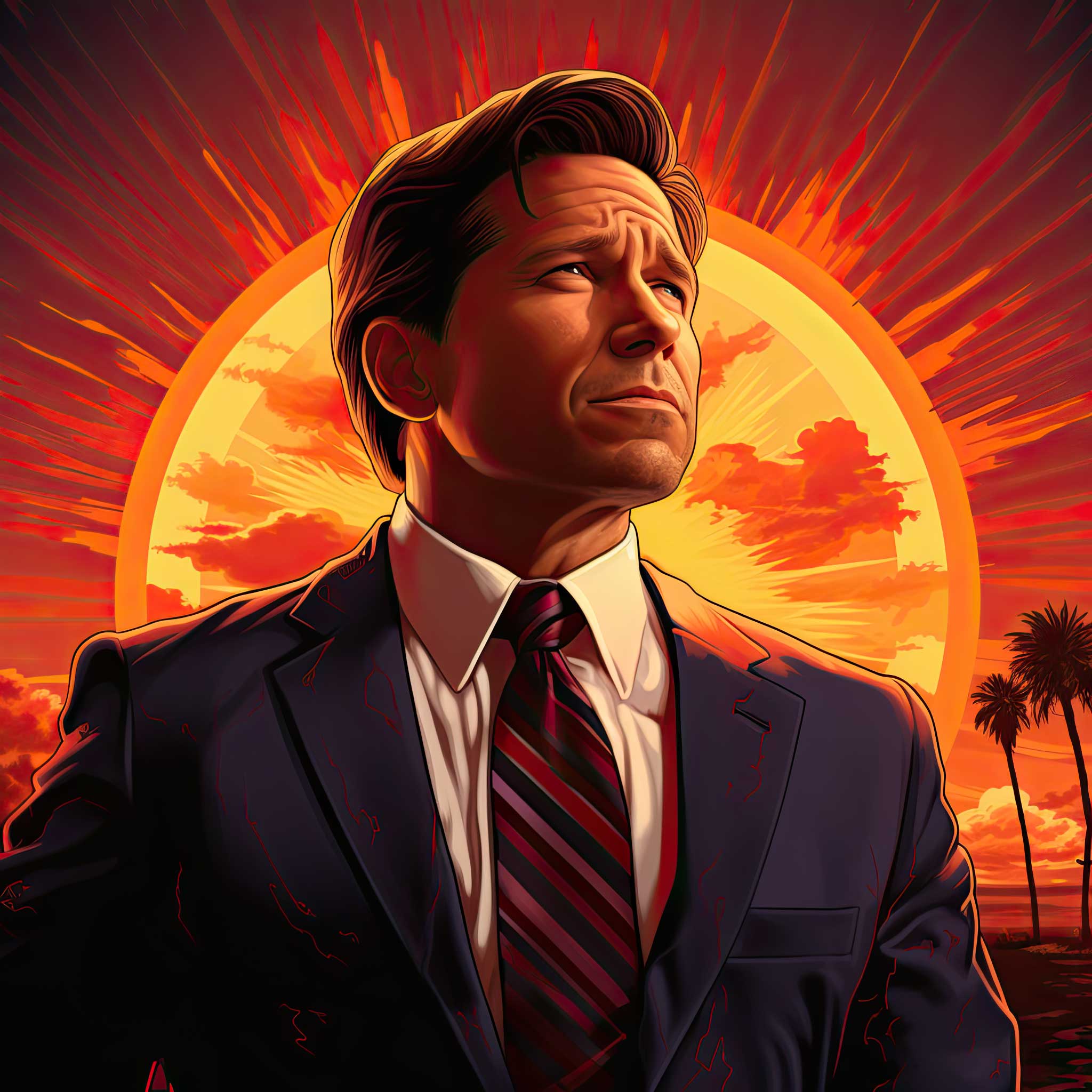 Suited man in front of a glowing sunset with dramatic rays and palm silhouettes.
