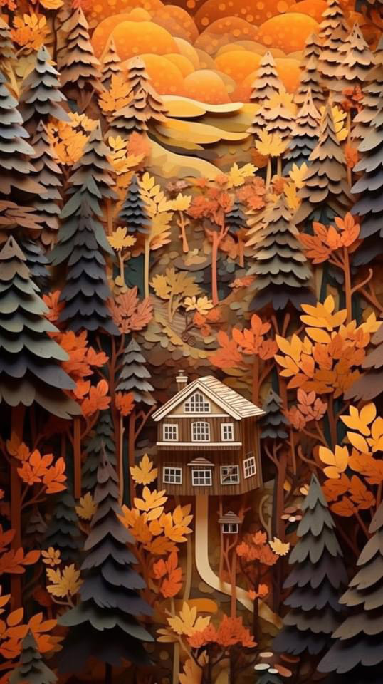 Preview for Cozy-cabin-autumn-forest-paper-art-ai-phone-background-25fb9