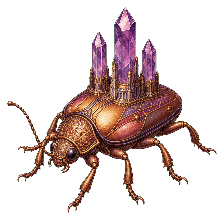 A beetle with crystal towers growing from its back in a surreal fantasy style