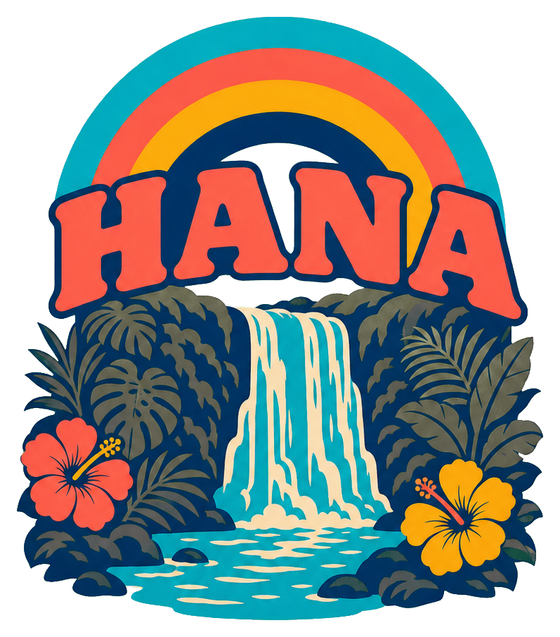 Retro Hana word art under a rainbow with a waterfall, palm trees, and flowers.