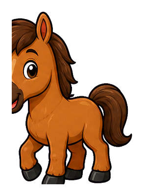 Brown cartoon horse sticker standing on four legs with a smiling face and dark mane and tail.