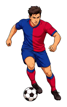 Cartoon soccer player dribbling a ball in a blue and red uniform