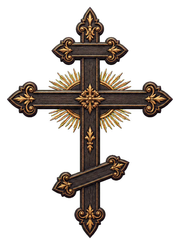 Decorative Orthodox three bar cross sticker with ornate gold details